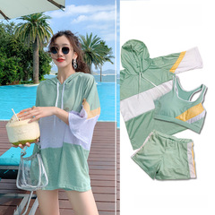 2024網紅韓版分體泳衣女學院風長袖運動三件套保守溫泉游泳裝