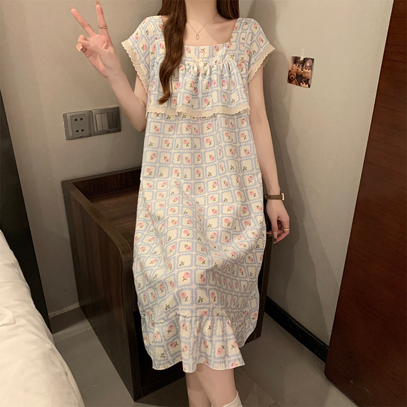 卸売クロスボーダー小さな新鮮な愛半袖ネグリジェ女性の夏のミッドレングス甘いスタイル女の子ネグリジェホーム服|undefined