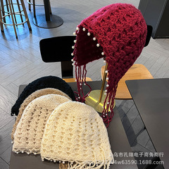 秋冬新款双层加厚手工勾花护耳帽子女日系珍珠流苏绑带毛线包头帽