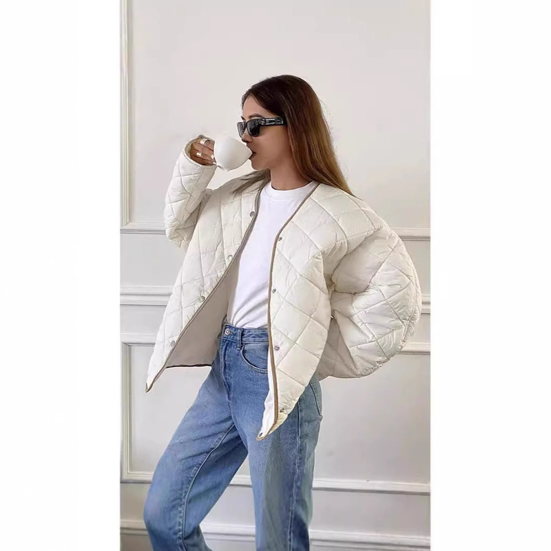 2024 Cross-border New DAZY Women's Diamond Pattern and Contrast Drawstring Padded Jacket Loose Warm