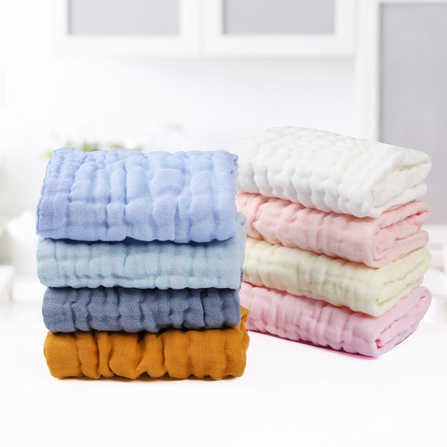Candy color boneless washed gauze square towel baby saliva towel children's face wash towel ~ with hanging buckle 30*30cm