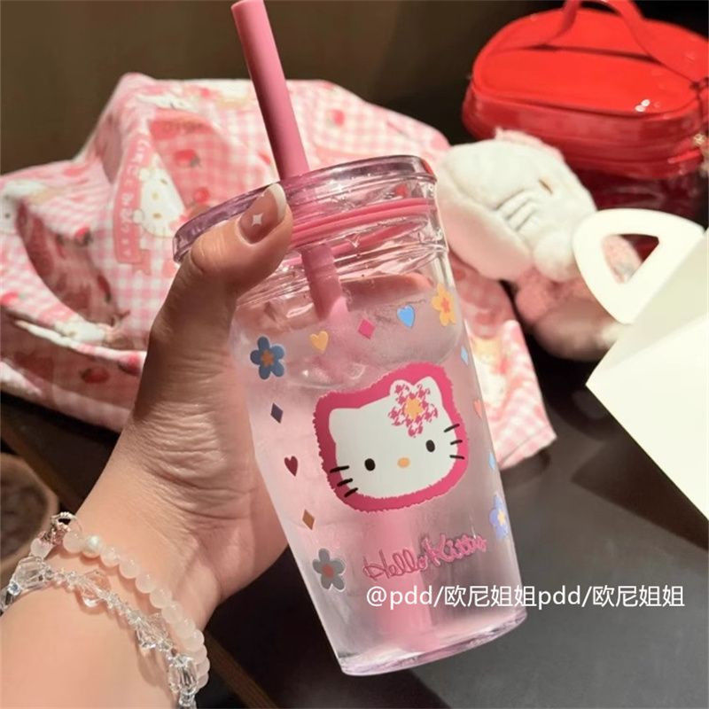 kt凯蒂猫吸管杯女生可爱高颜值水杯便携透明塑料杯学生简约随行杯|undefined