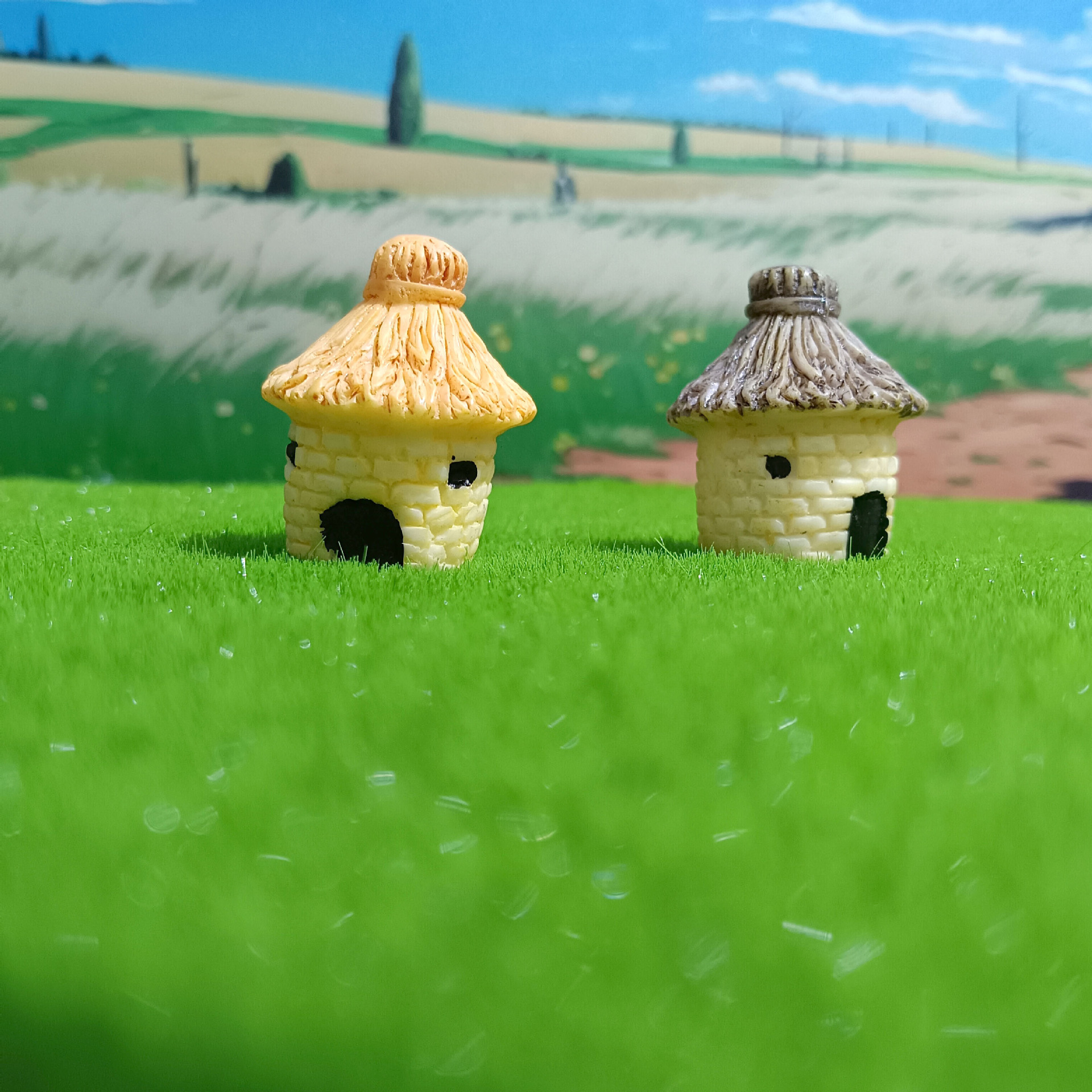 Decoración de paisajismo de pecera linda casa redonda casa con techo de paja micro paisaje ensamblaje de bricolaje granero pequeño adorno