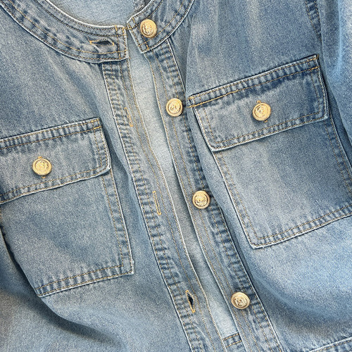 Women's Summer New Thin Round Neck Cowboy Style Denim Short Sleeve Jacket, Retro Overshirt, Short-Sleeve Top, Korean Style