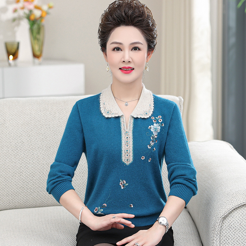 Embroidered Long-sleeved Sweater Warm Mother's Clothes Middle-aged and Elderly Women Over 50 Years Old Autumn and Winter Mink Velvet Base Shirt Lapel