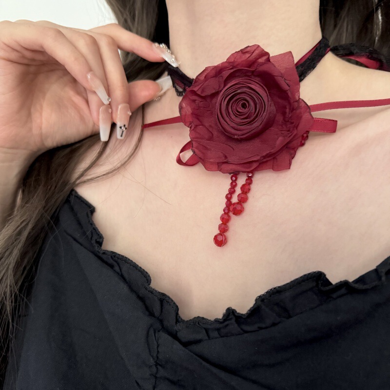 French Style Red Rose Crystal Tassel Ribbon Necklace Fashionable Personalized Strap Necklace Exquisite Clavicle Chain