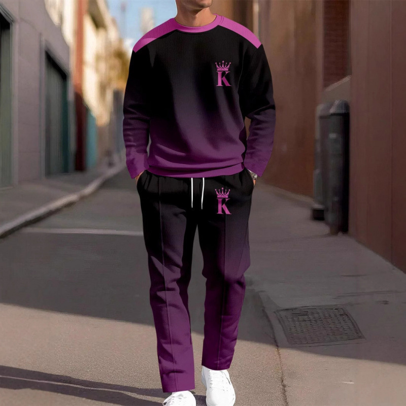 Cross-Border Men's Spring and Autumn Amazon Men's Round Neck 3D Printed Casual Sports Sweatshirt Men's Long-Sleeved Pants Trendy Set