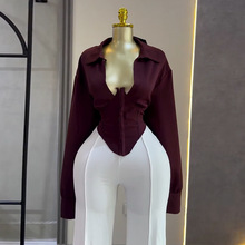 欧美女装2025秋季新款甜美清晰翻领收腰蝙蝠袖长袖女士衬衫上衣