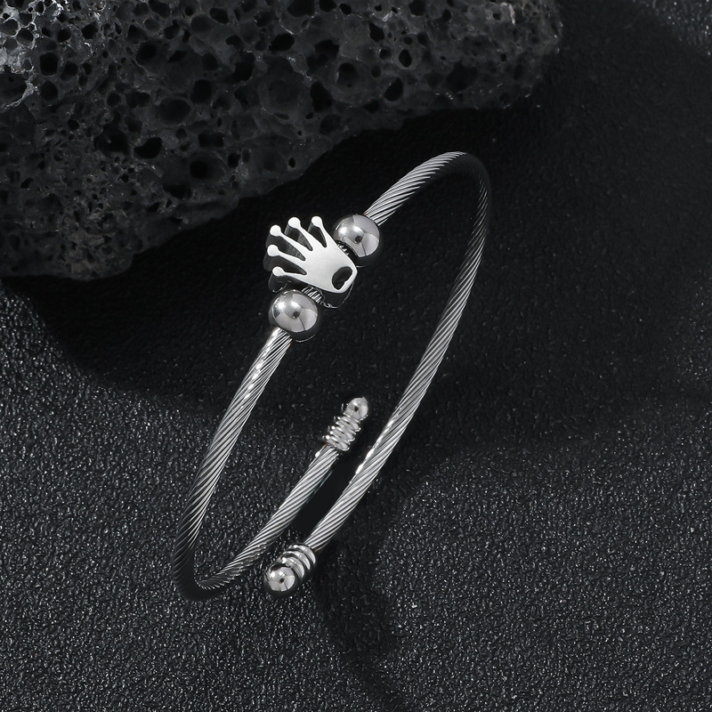 Cross-border Hot Sale Stainless Steel Wire Braided Crown Bracelet Cable Wire Titanium Steel Crown Men's Open Bracelet