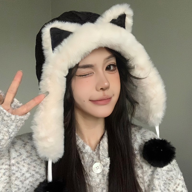 Cute Fox Plush Winter Hat For Women Windproof Fleece Warm Ear Flap_voghion.com