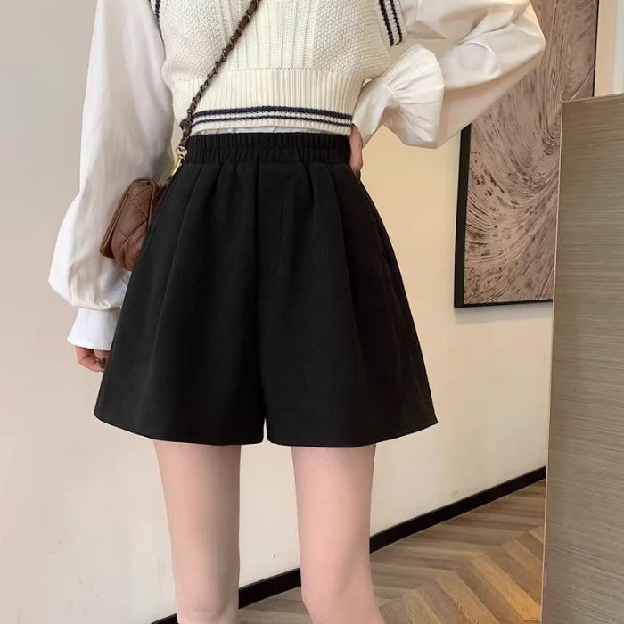 2025新款松紧腰星空毛呢短裤女秋冬黑色外穿高腰显瘦a字阔腿休闲