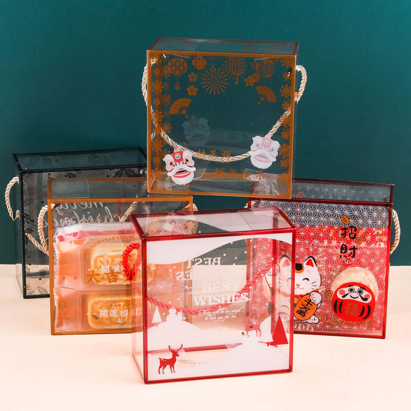 新春透明PET手提盒 卡通曲奇饼干包装盒零食点心盒圣诞糖果手提盒