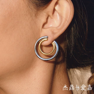 杰鼎不锈钢拼色耳环轻奢小众耳钉高级感跨境饰品女钛钢首饰不掉色
