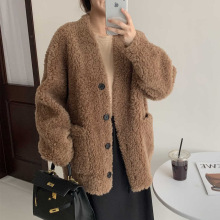澳洲羊羔毛外套海宁秋冬新款皮毛一体皮草女中长款羊剪绒v领开衫