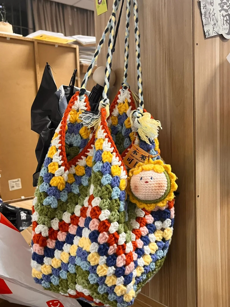 Granny Ge camellia lana tejida a mano bolsas grandes ganchillo diy material bolsa ganchillo regalo en polvo hecho a mano