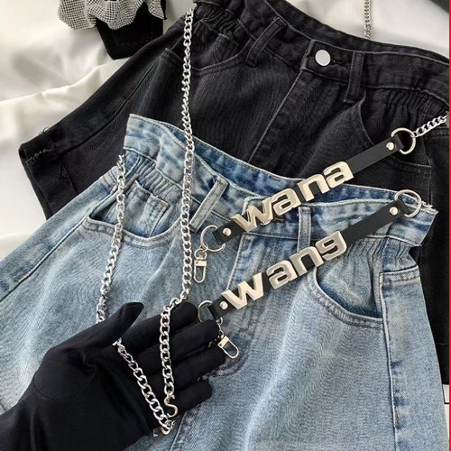 Trendy INS dark style metal letter chain thin belt women's casual simple suit jeans skirt