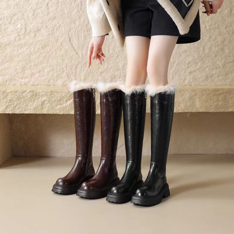 保暖加厚真皮不过膝长筒靴女冬季加绒棉靴高筒马丁靴方跟时装靴