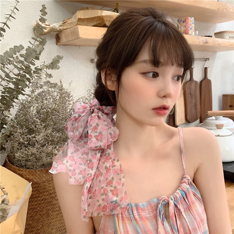 South Korea Dongdaemun Bowknot Large Intestine Streamer Hair Tie Imported Chiffon Rubber Band Floral Fairy Sausage Ring Super Fairy Internet Celebrity