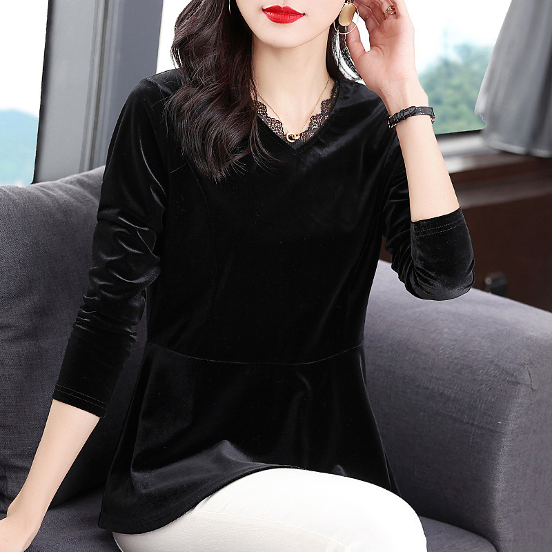 1117# in stock 5-color 7-size exquisite workmanship gold velvet jacket women's long V-neck long sleeve T-shirt base shirt