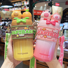 Capybara Dual-Sip Insulated Water Bottle for Girls, High-Endurance New Style Children's Straw Water Cup for Girls Students Going to School