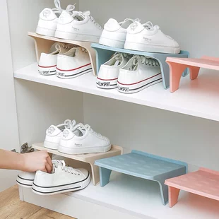 Double-layer plastic shoe rack, space-saving, easy-assembly, available in blue, khaki, gray, orange