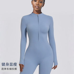 欧美拉链长袖瑜伽连体服女跨境高强度健身舞蹈运动训练连体紧身衣-阿里巴巴