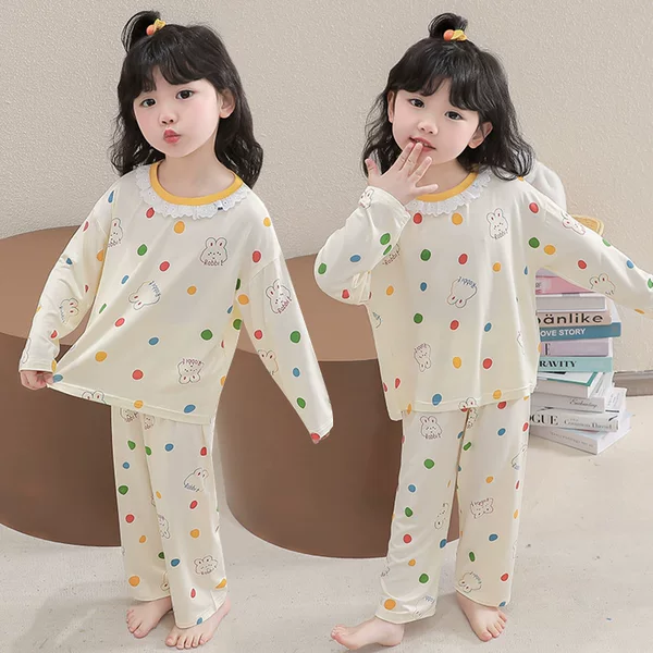 Girls' Modal Pajamas, Spring and Autumn, Little Girls' Long-Sleeved Air-Conditioned Clothing, Cute Summer Kidsren's Home Clothes Set