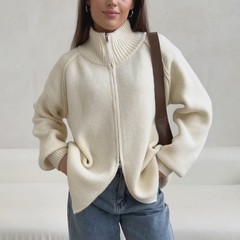 跨境欧美纯色立领针织开衫女2025秋冬新款加厚拉链毛衣外套上衣