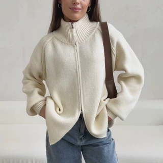 跨境欧美纯色立领针织开衫女2025秋冬新款加厚拉链毛衣外套上衣