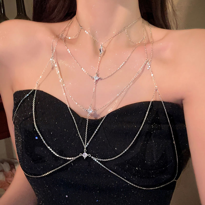 Spilla con zirconi, reggiseno con frange, collana a catena multistrato per il petto, alla moda e sexy, personalizzata._voghion.com