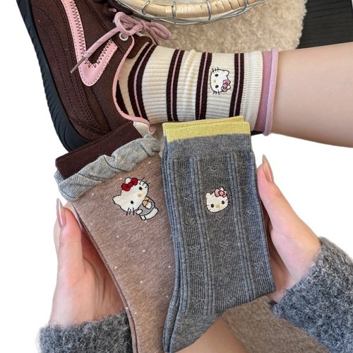 Japanese cute cartoon double bubble mouth cat embroidery socks for girls, contrasting striped polka dot crew socks, bumpy socks