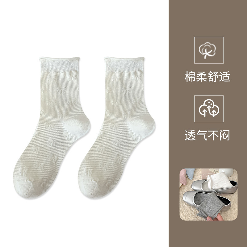立体浮雕蝴蝶结卷边袜子女纯棉秋冬25年新款日系芭蕾风中筒堆堆袜|undefined
