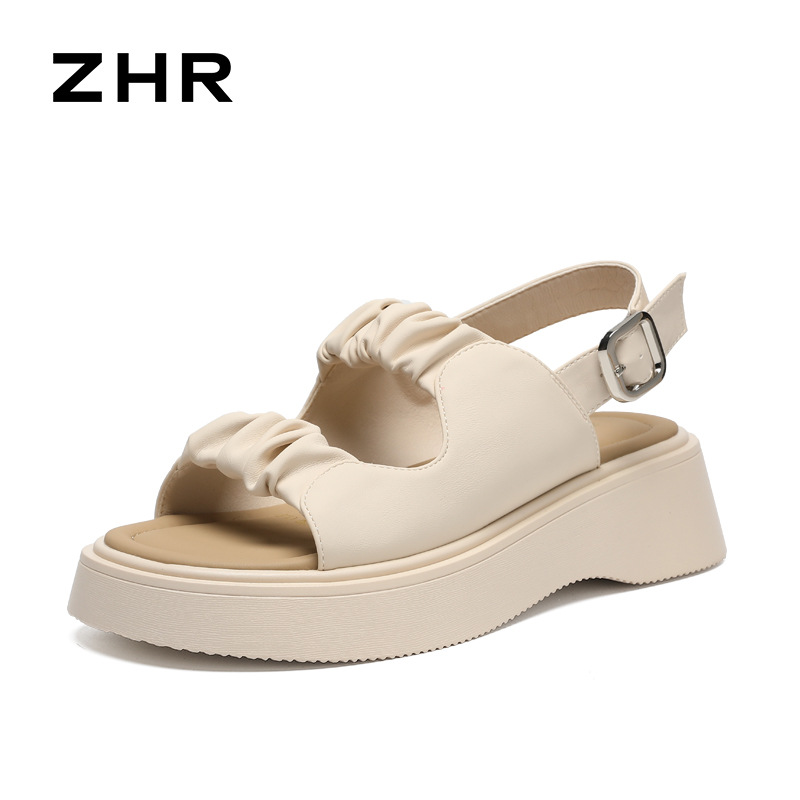 Sandal đế dày xếp ly nữ phong cách La Mã hở ngón đi biển — JF207P màu be