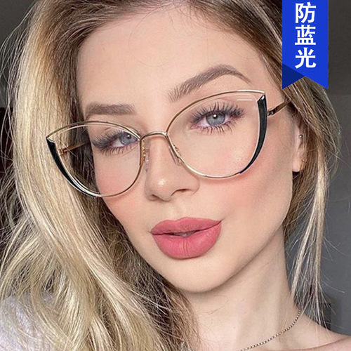  New Personalized Small Frame Cat Eye Optical Glasses Fashion Trendy Metal Anti-Blue Light Flat Mirrors European and American Cross-Border Ladies