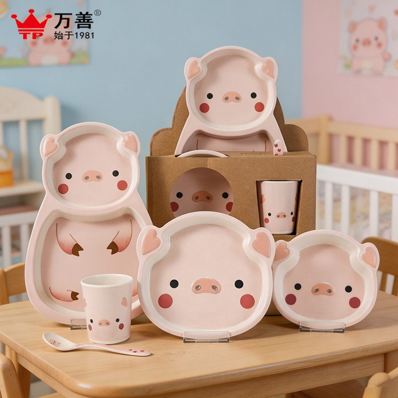 melamine bamboo fiber children's tableware children's dinner plate suit pig-shaped plate baby bowl cartoon anti-fall bowl generation hair