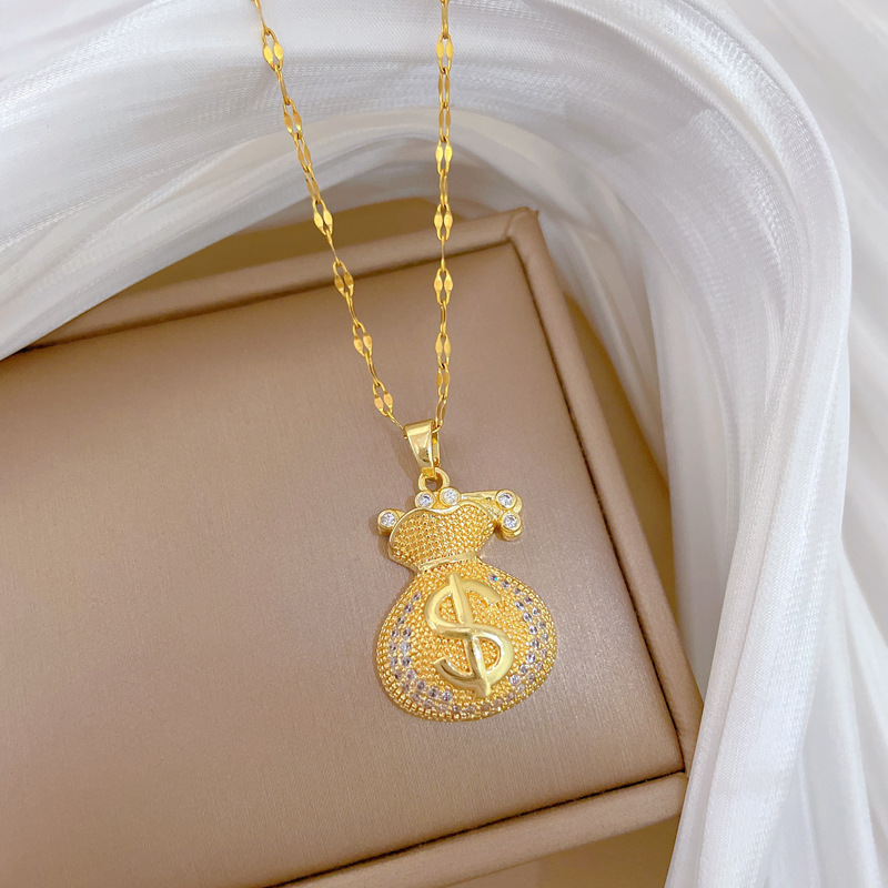 【钛钢】满钻钱袋福袋轻奢风气质华丽满钻项链女百搭锁骨链钛钢链详情5