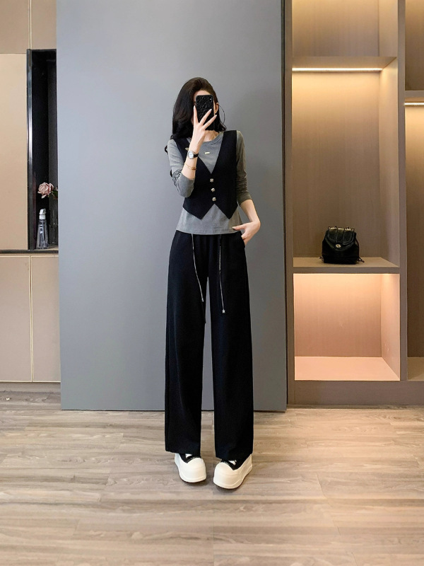 高级时尚休闲运动套装女秋新款圆领马甲假两件长袖上衣长裤两件套|undefined