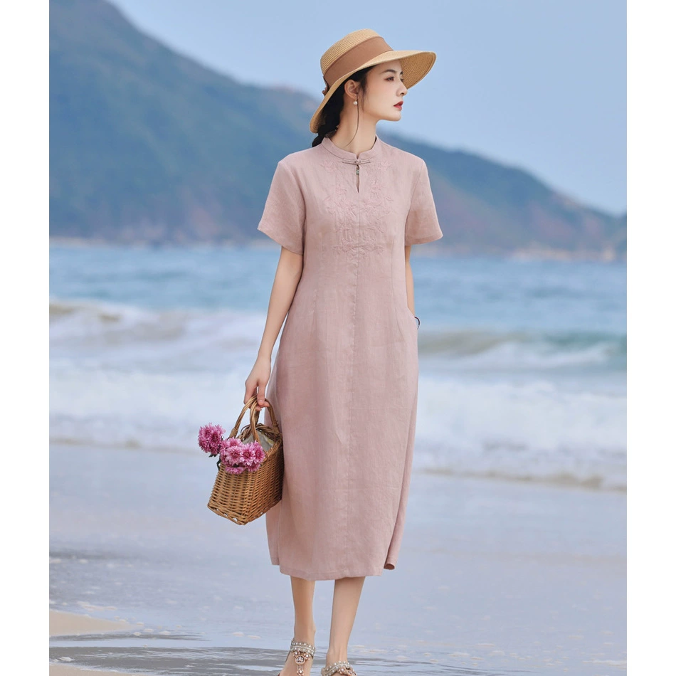 Новый китайский стиль льняное платье женский 2025 лето новый темперамент свободный чай костюм