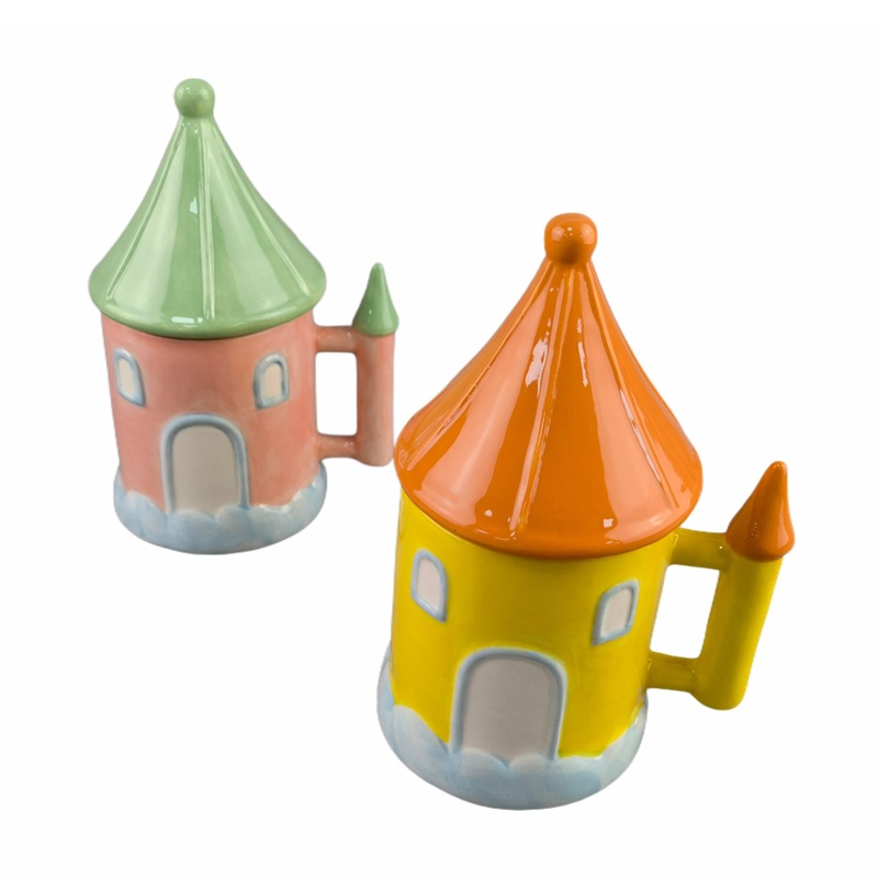 Taza de castillo de cerámica, iglesia de hongos, taza de agua mágica de macarrón, casa de estilo mediterráneo, taza de café con tapa