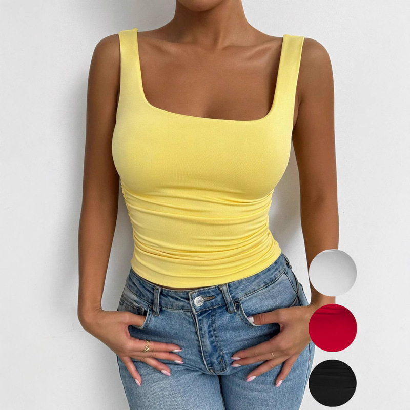 2025 European and American Cross-Border New Women's Sleeveless Camisole Square Collar Casual Basic Crop Top 2025 European and American Cross-Border New Women's Sleeveless Camisole Square Collar Casual Basic Crop Top