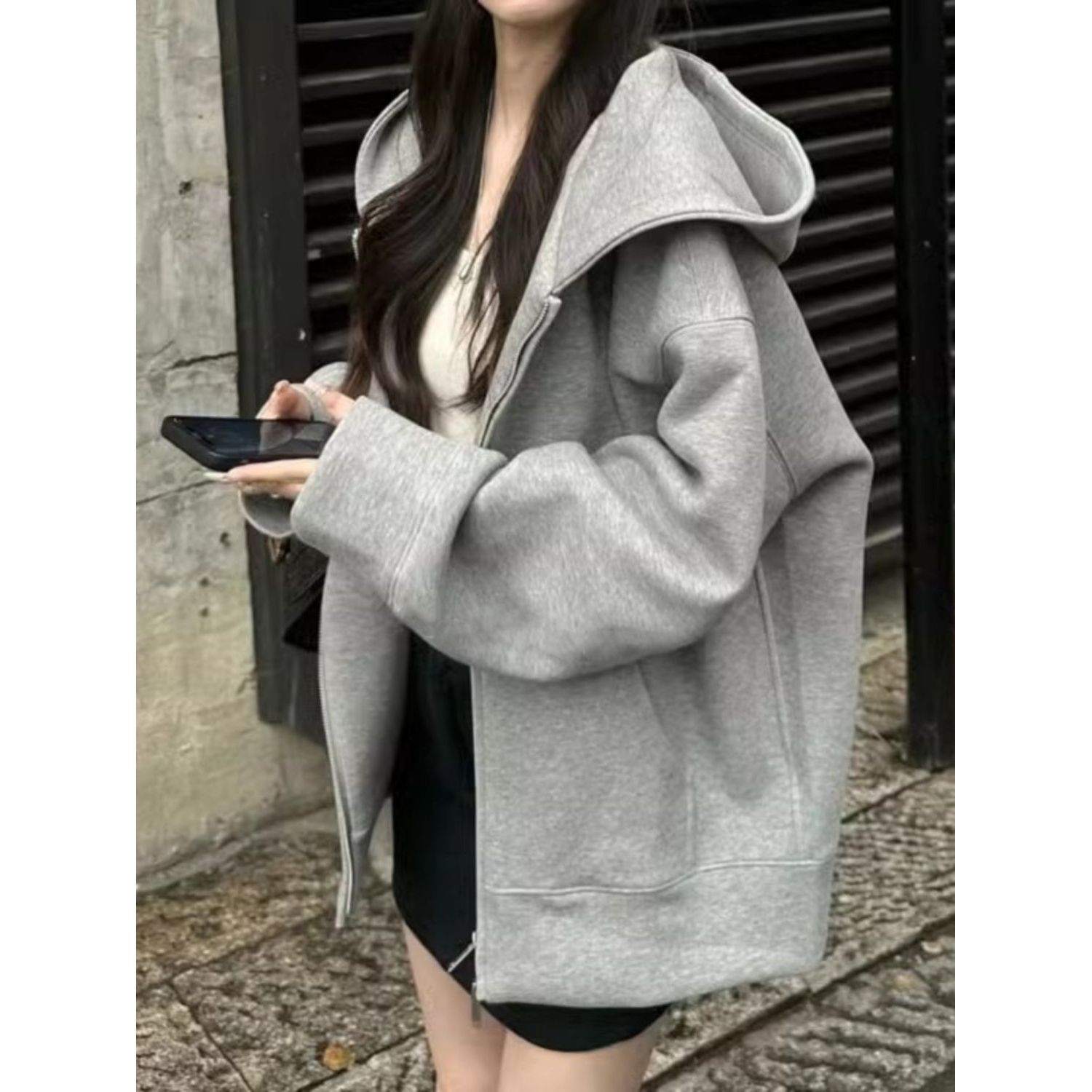 American Retro Gray Hooded Cardigan Sweatshirt for Women, Velvet and Thickeneded Design, Loose Couple Zipper Jacket Top