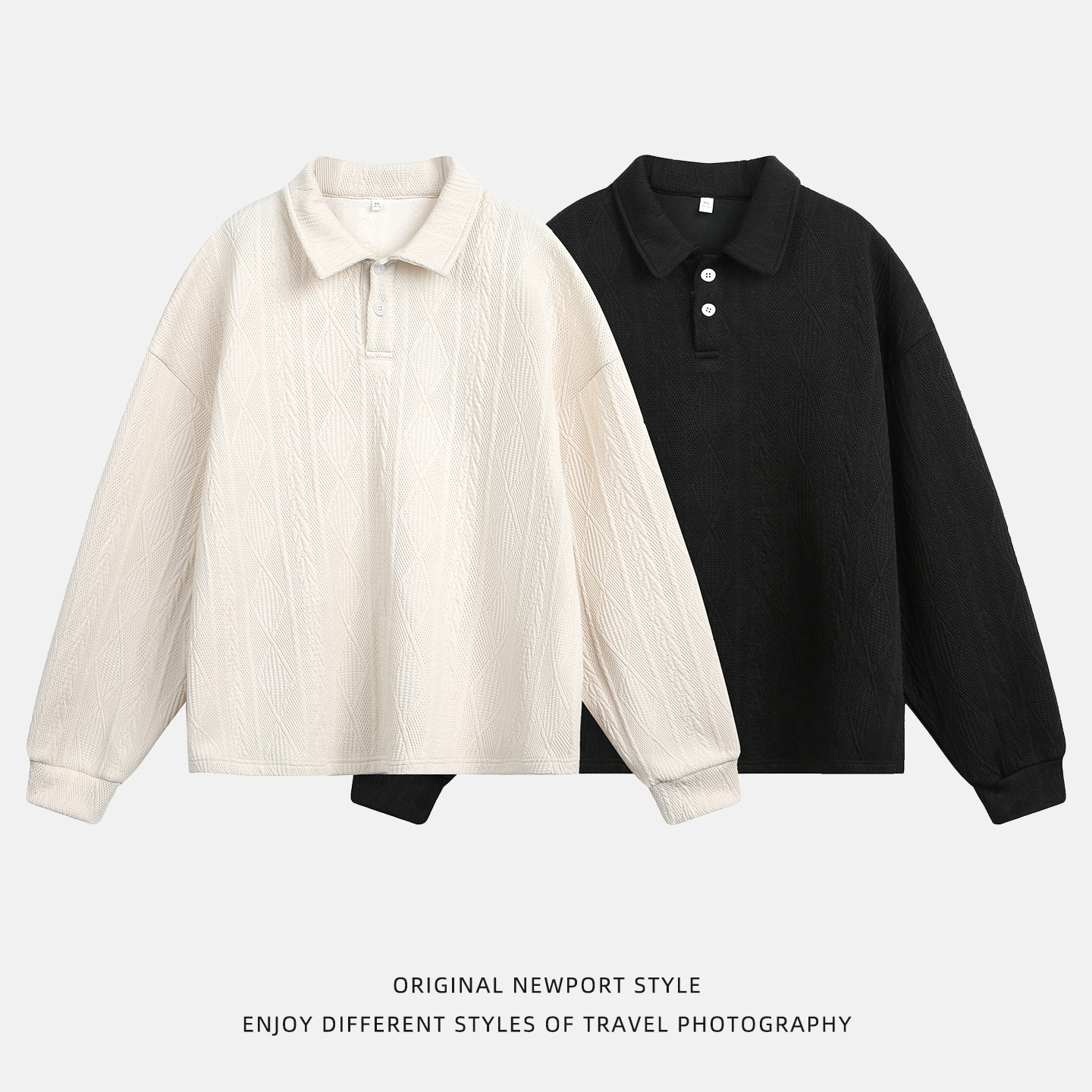 Heavyweight Textured Jacquard Polo Sweatshirt – Vintage-Inspired Unisex Long Sleeve Collared Pullover, Relaxed Fit Retro Ivy League Style_viptrois.com