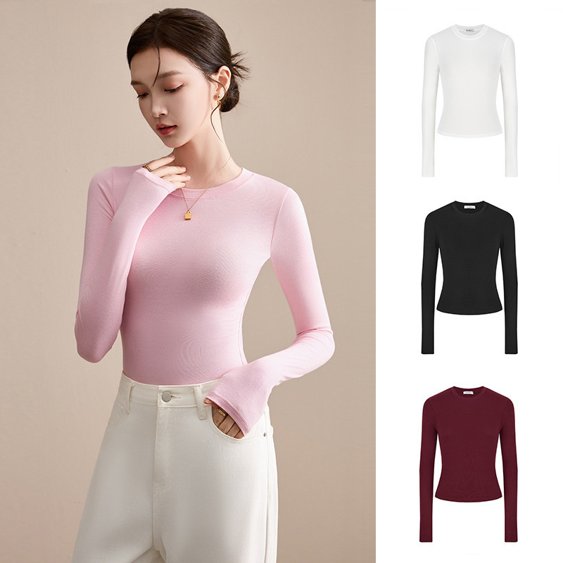 Comfortable Velvet Round Neck Long Sleeve T-Shirt for Women 2026 Autumn and Winter New Style Round Neck Solid Color Integrated Velvet Warm Top Base Layer Shirt