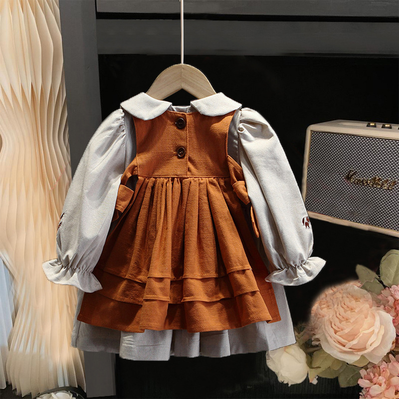 Abito da ragazza con colletto per bambola in edizione coreana, stagione primaverile e autunnale, nuova principessa della foresta a maniche lunghe alla moda per bambini_voghion.com