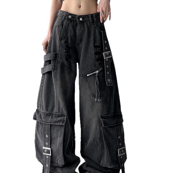 American Retro Deconstructed Ribbon Cargo Jeans for Women, Summer High Street Multi-Pocket Ripped Loose Straight-Leg Floor-Length Pants