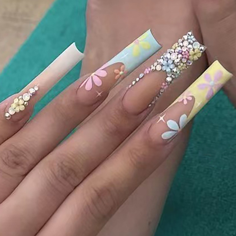 Europe and the United States to wear a long French to wear nail art colorful diamond flower nail patch finished fake nails wholesale