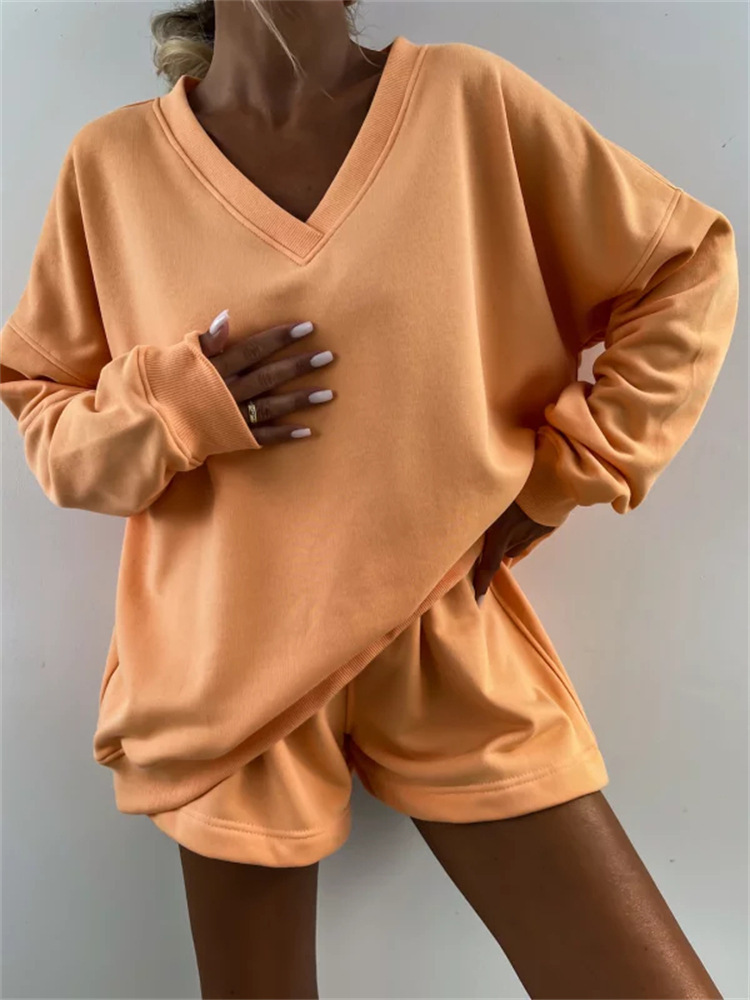 Casual Striped Suit For Women V-neck Long-sleeved Loose Top Paired With Shorts In The Same Color Ladies Spring Summer 2piece Set_voghion.com