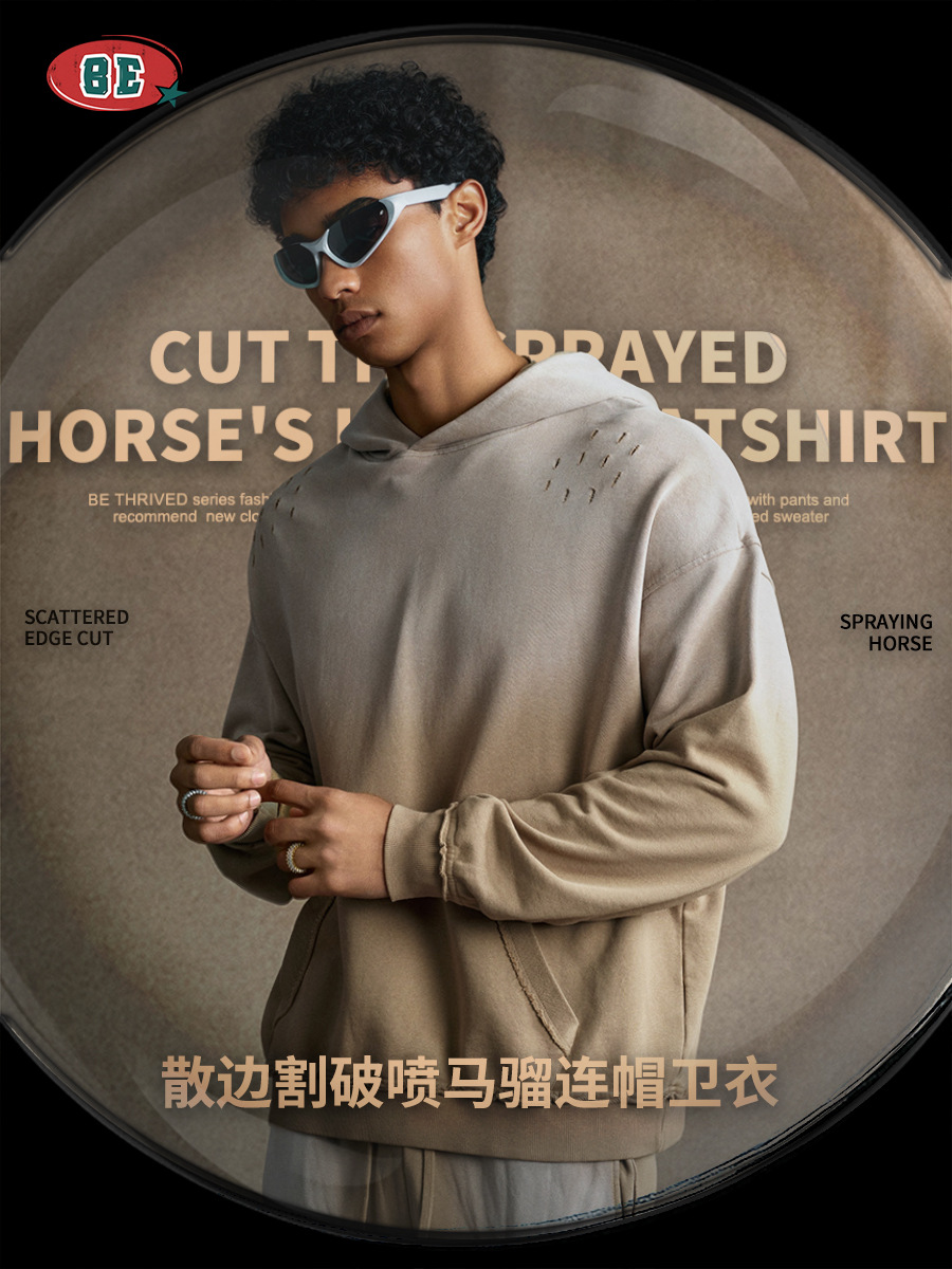 Sudadera Holgada para Hombre BE, Estilo Americano Otoño 2025, Marca de Moda, Estilo Urbano, Batik Lavado, Degradado, Desgastado