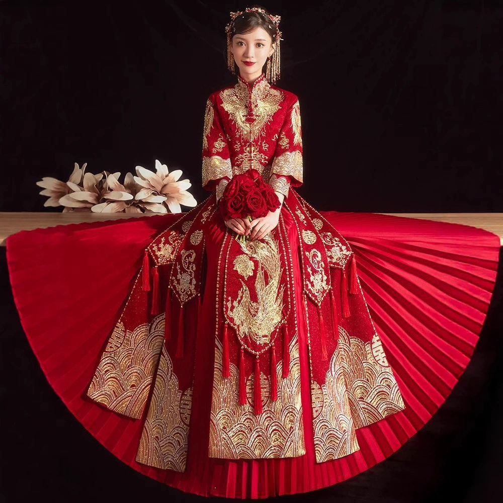 Новое китайское свадебное платье невесты Xiuhefu без бриллиантов, платье для похудения, легкое роскошное свадебное платье для тяжелых условий эксплуатации