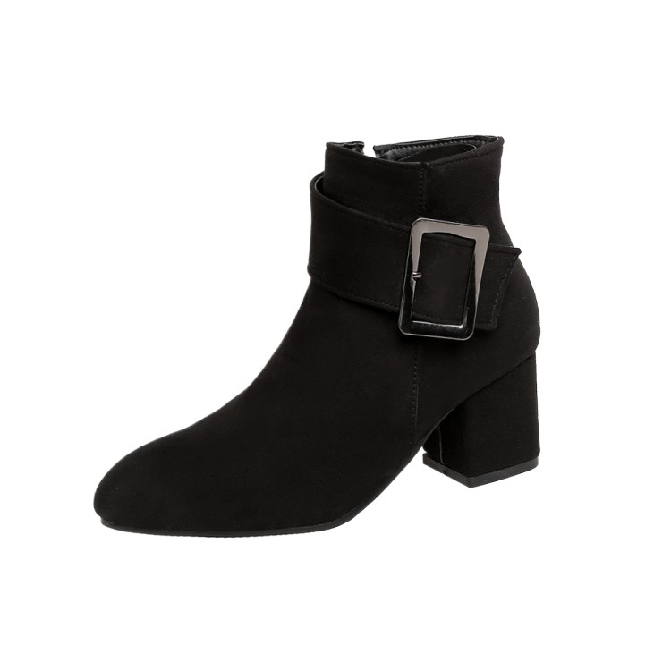 2025 Europa y Estados Unidos transfronterizos redondos zapatos de mujer de talón grueso botas de hebilla metálica de talón alto botas cortas de mujer tamaño 0885 - 1 botas de talón grueso botas